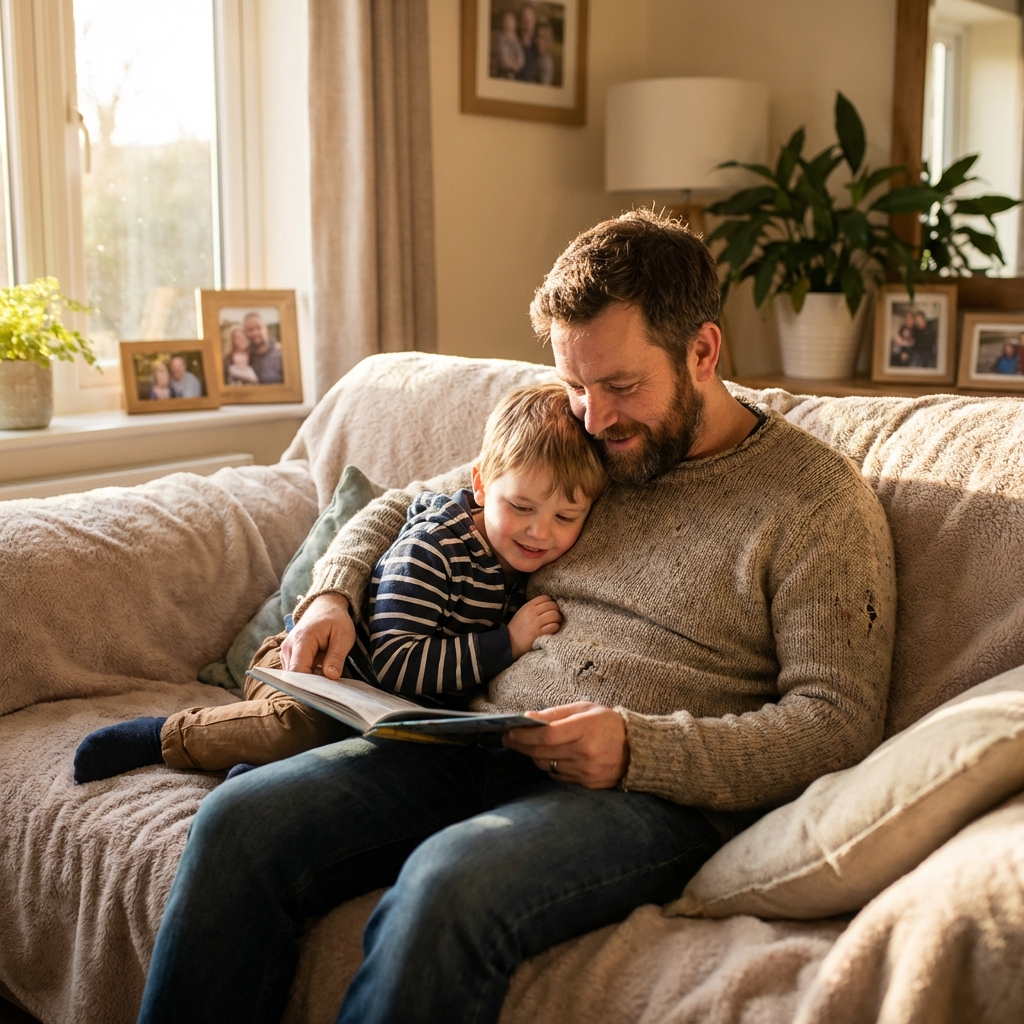 Pai e filho compartilhando um momento carinhoso de leitura